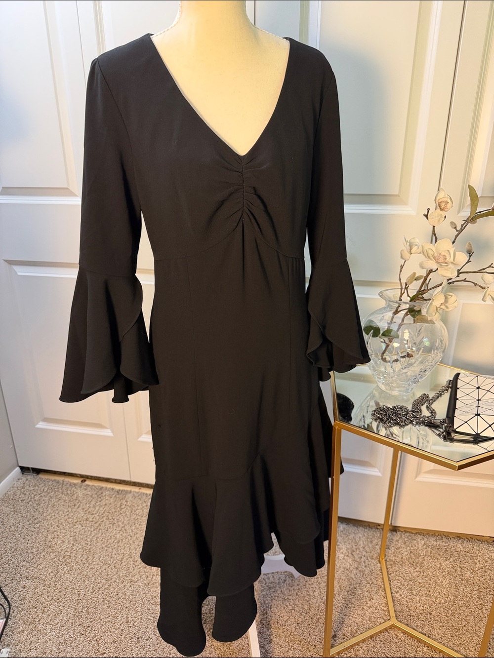 Shoshanna Black Long-Sleeve V-Neck Ruffle-Hem Dress